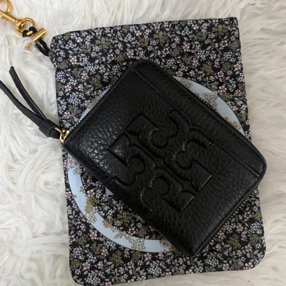 Tory Burch Black zipper pebbled leather card holder/coin case w/pouch - Picture 11 of 13